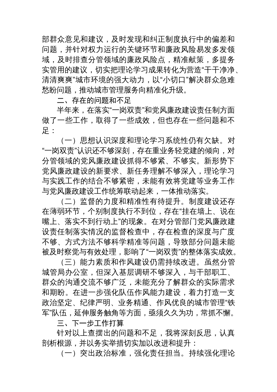 城管局副局长2025年上半年履行“一岗双责”责任的情况报告_第3页
