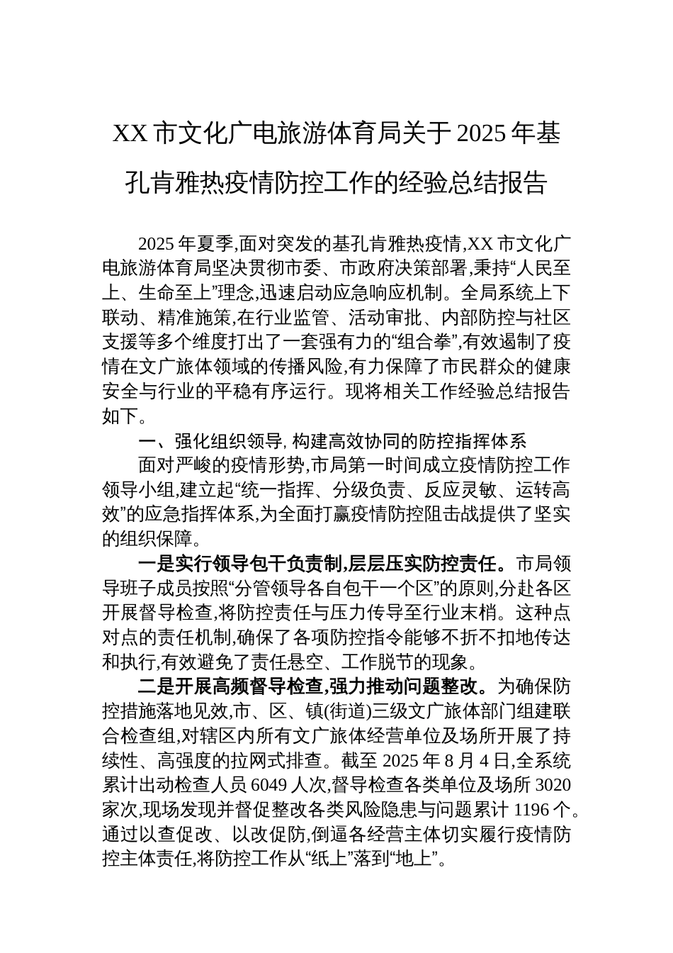 XX市文化广电旅游体育局关于2025年基孔肯雅热疫情防控工作的经验总结报告_第1页