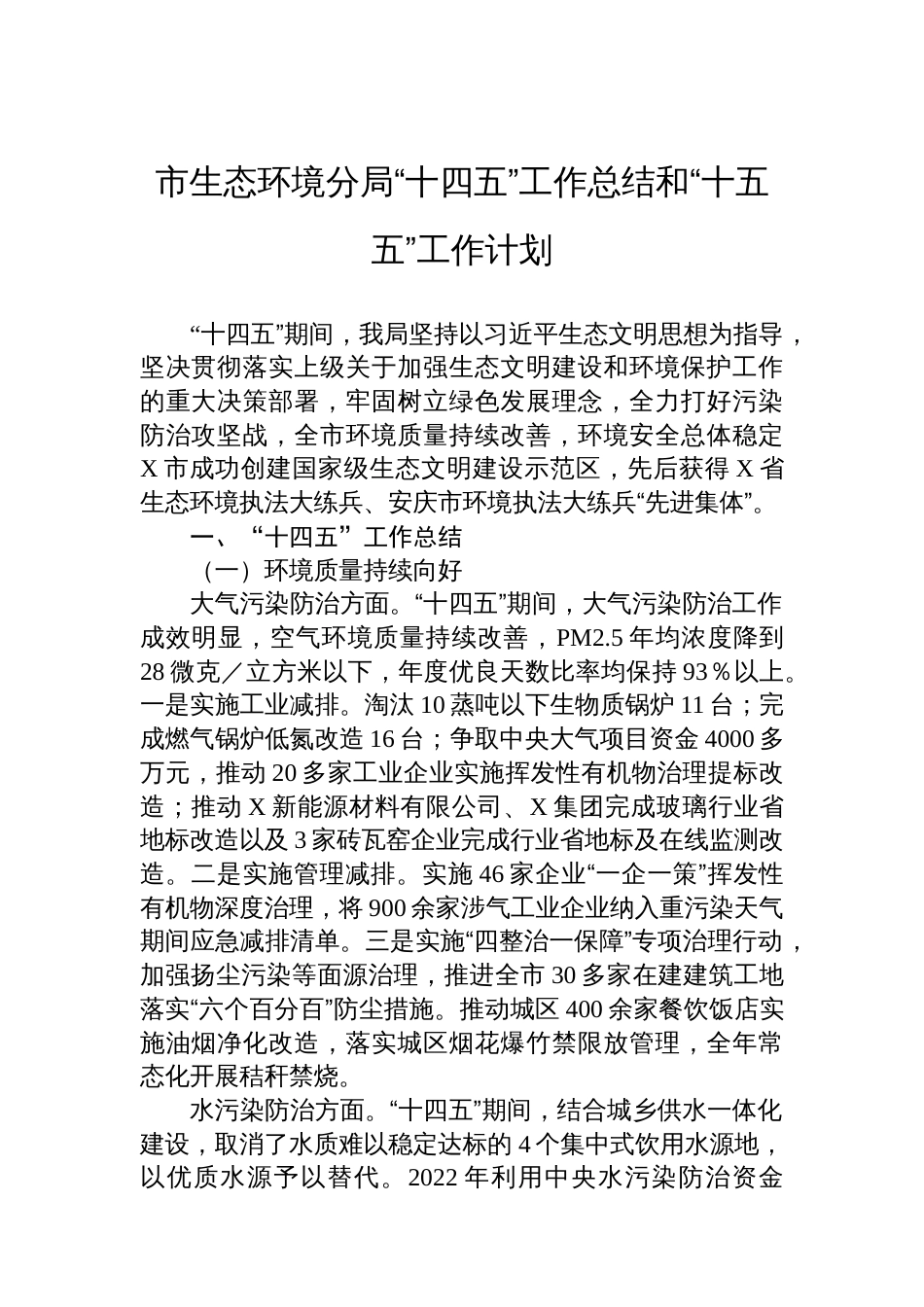市生态环境分局“十四五”工作总结和“十五五”工作计划_第1页