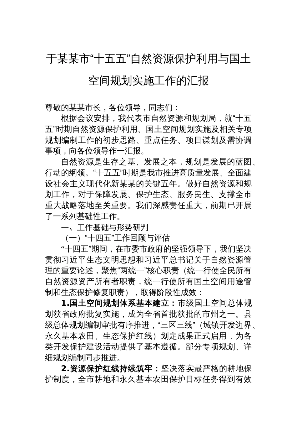 于某某市“十五五”自然资源保护利用与国土空间规划实施工作的汇报_第1页