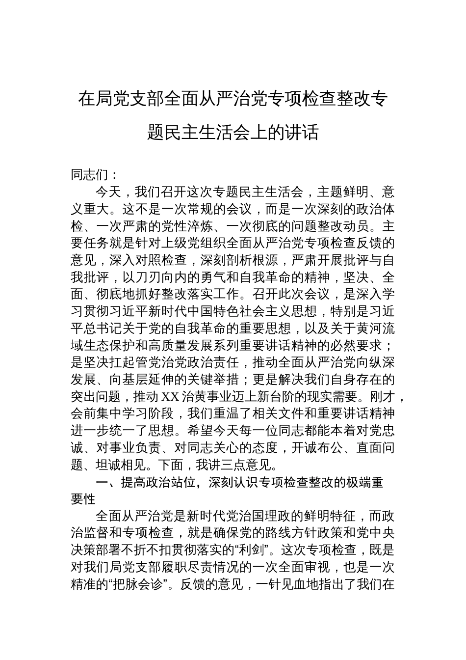 2025局党支部全面从严治党专项检查整改专题民主生活会上的讲话材料_第1页