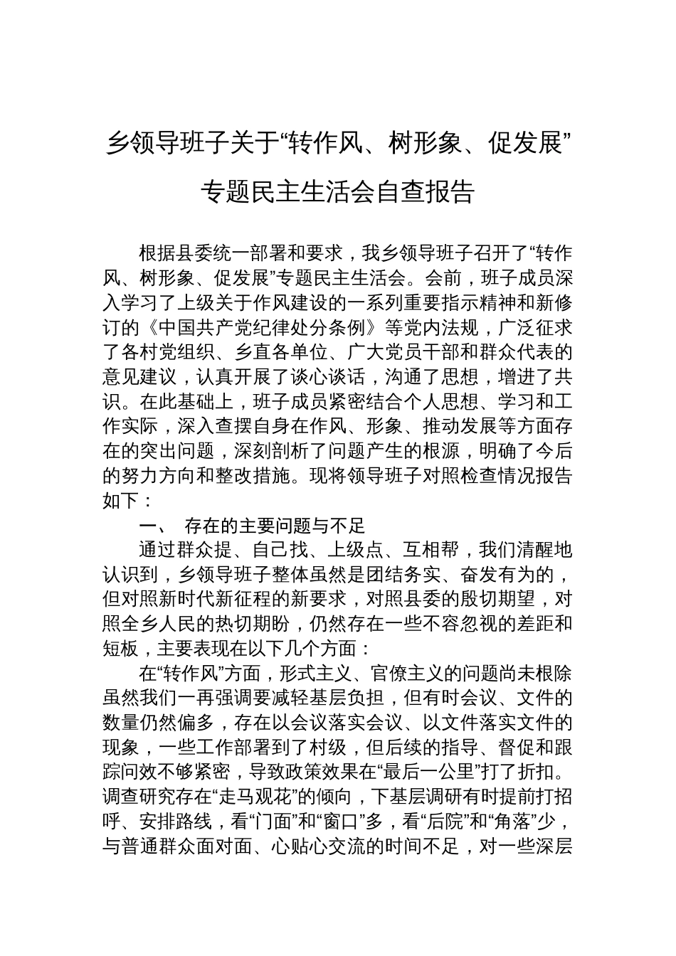乡领导班子关于“转作风、树形象、促发展”专题自查报告_第1页