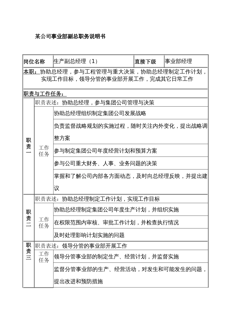 某公司事业部副总职务说明书_第1页