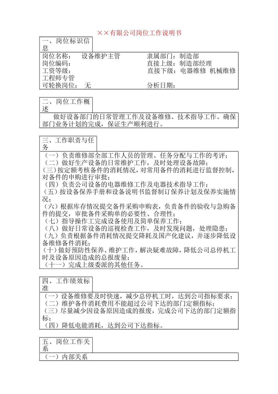 设备维护主管岗位工作说明书_第1页