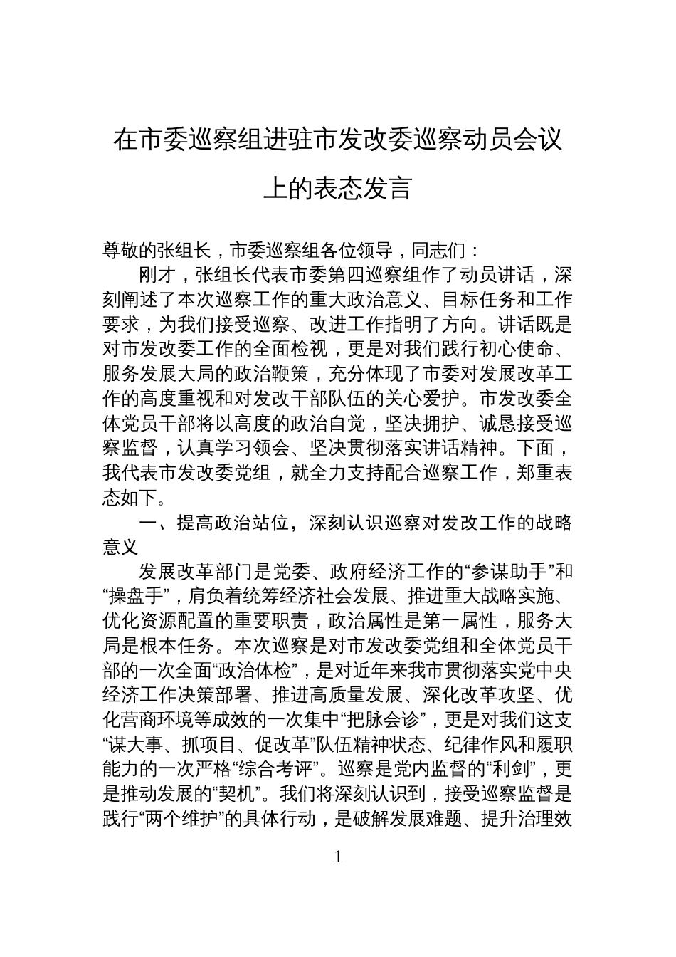 在市委巡察组进驻市发改委巡察动员会议上的表态发言材料_第1页