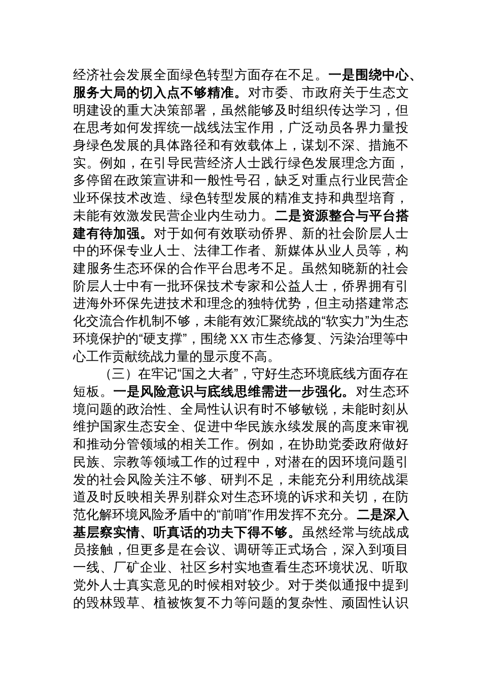 2025在市统战部中央生态环境保护督察通报典型案例问题整改专题民主生活会上的对照检查发言材料_第2页