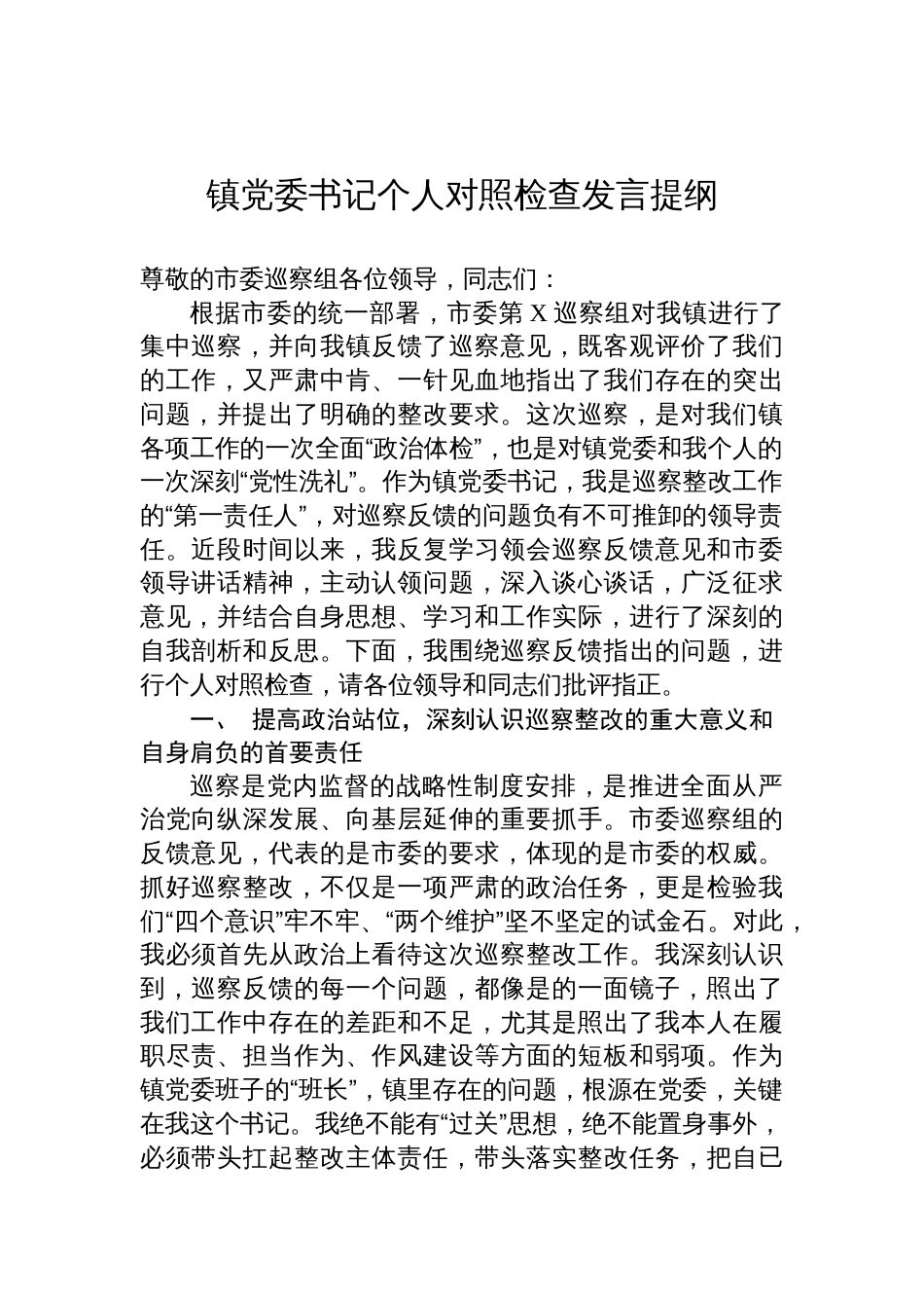 2025镇党委书记巡察整改专题民主生活会个人对照检查发言提纲_第1页
