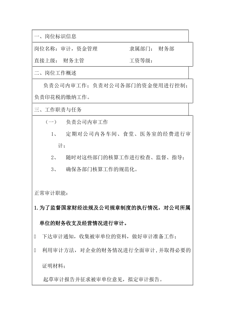 某公司审计，资金管理岗位说明书_第1页