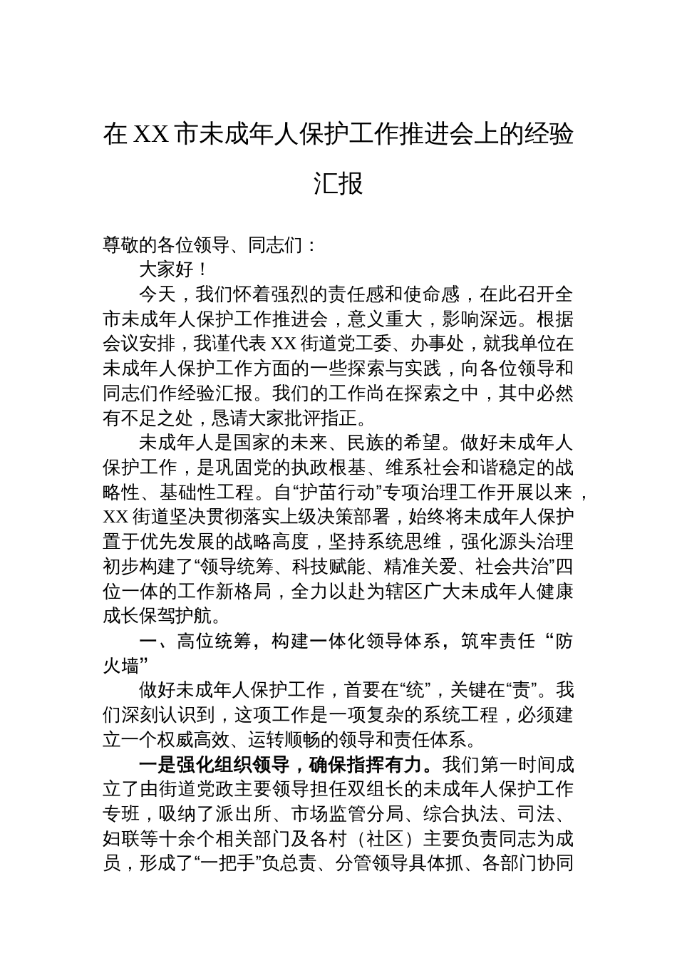 在XX市未成年人保护工作推进会上的经验汇报_第1页