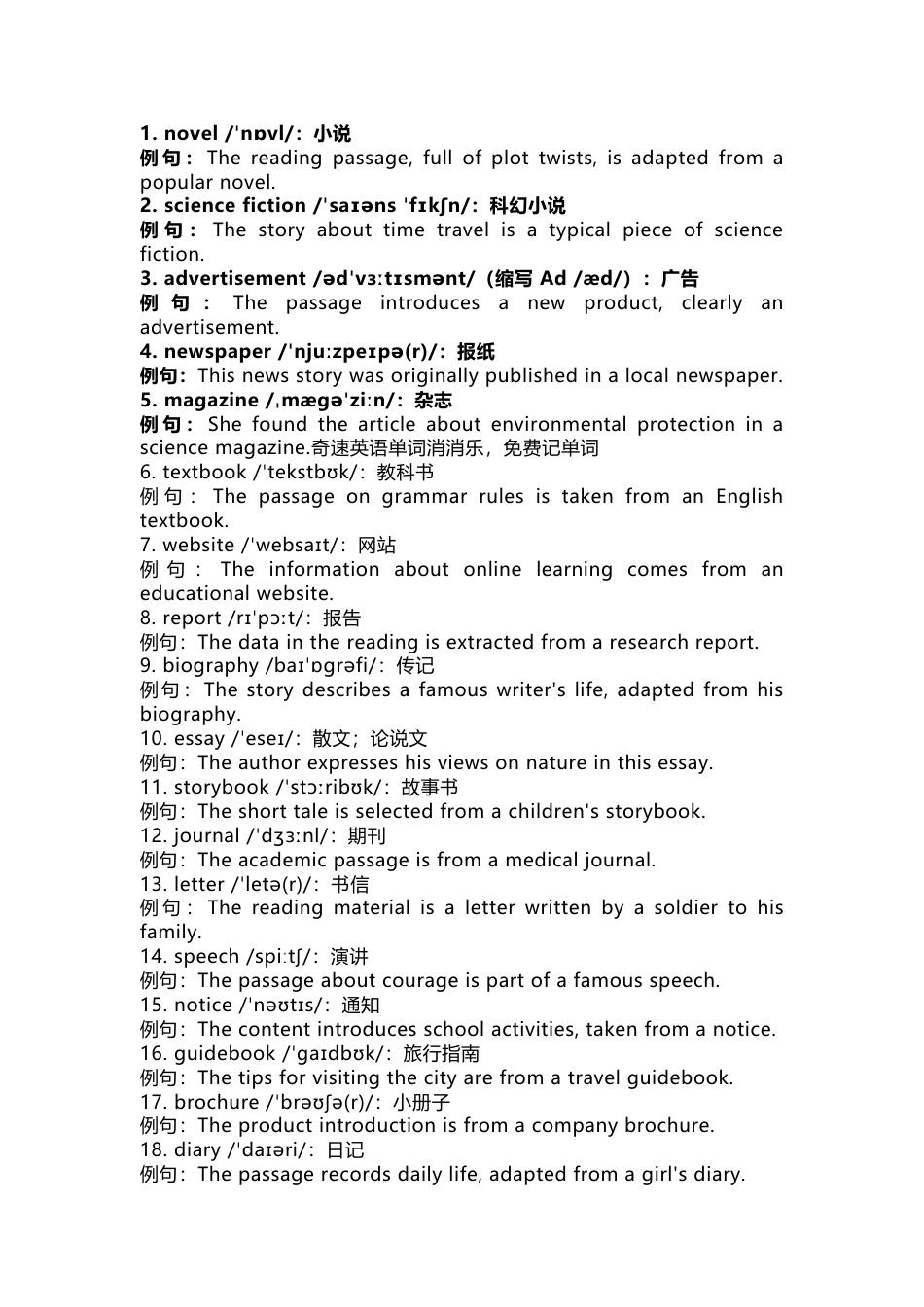 高中英语阅读理解文章出处常见50词及经典例句_第1页