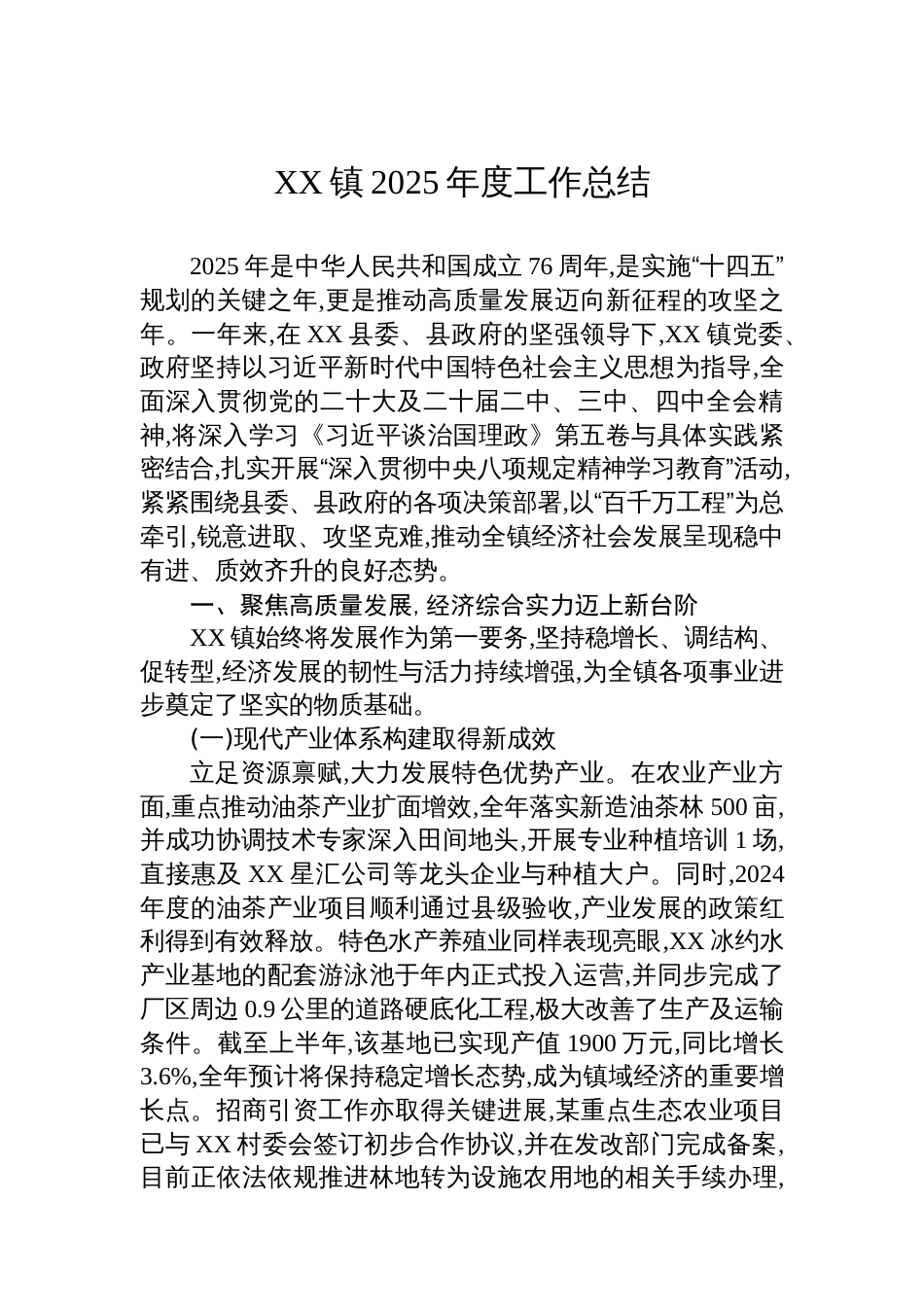 XX镇2025年度工作总结_第1页