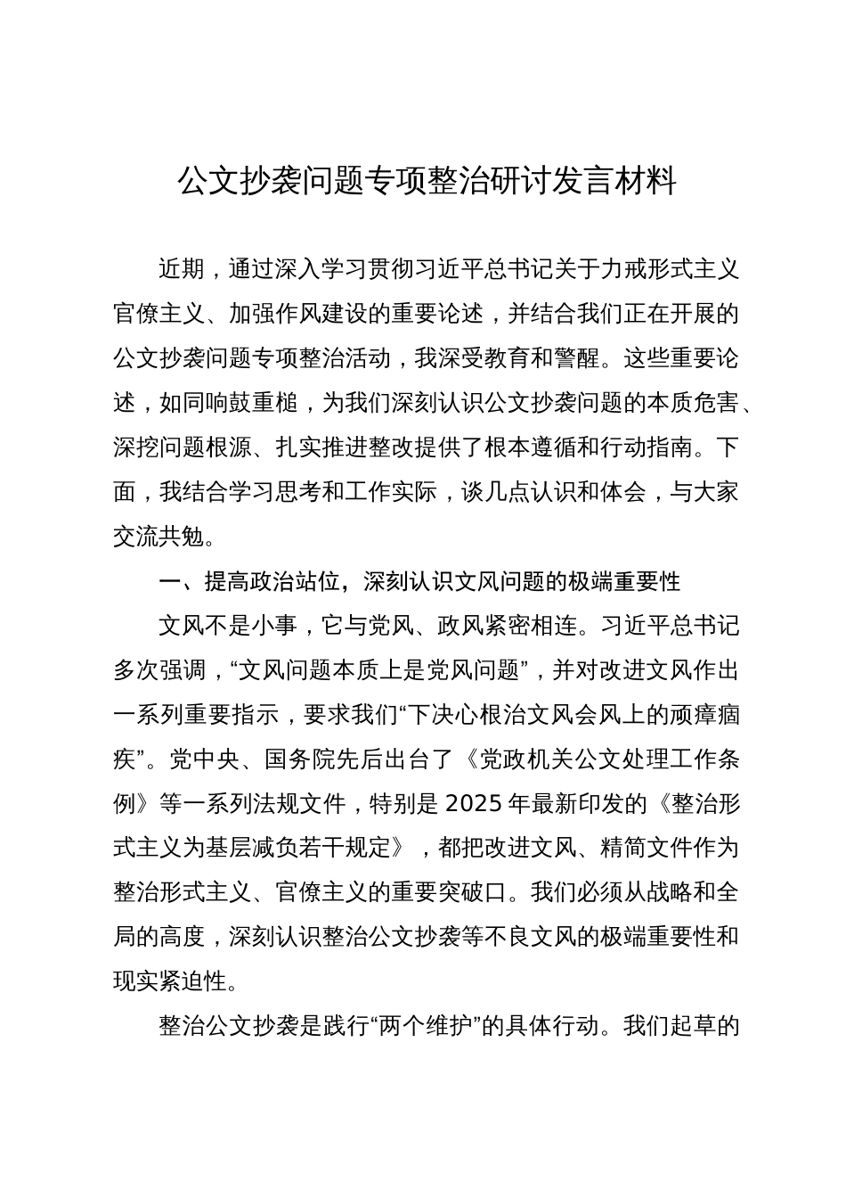 公文抄袭问题专项整治研讨发言材料_第1页