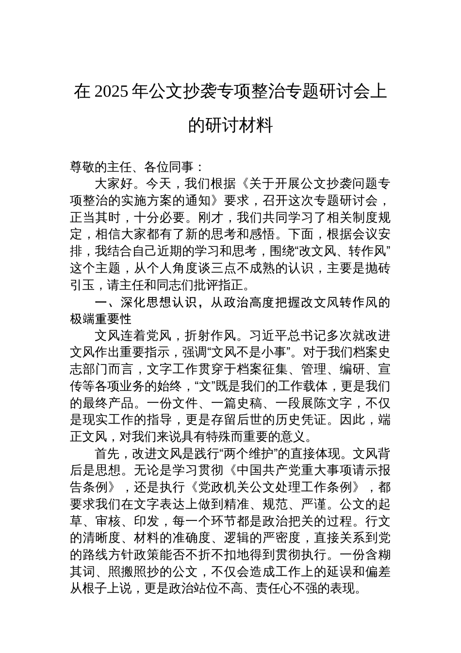 在2025年公文抄袭专项整治专题研讨会上的研讨材料_第1页