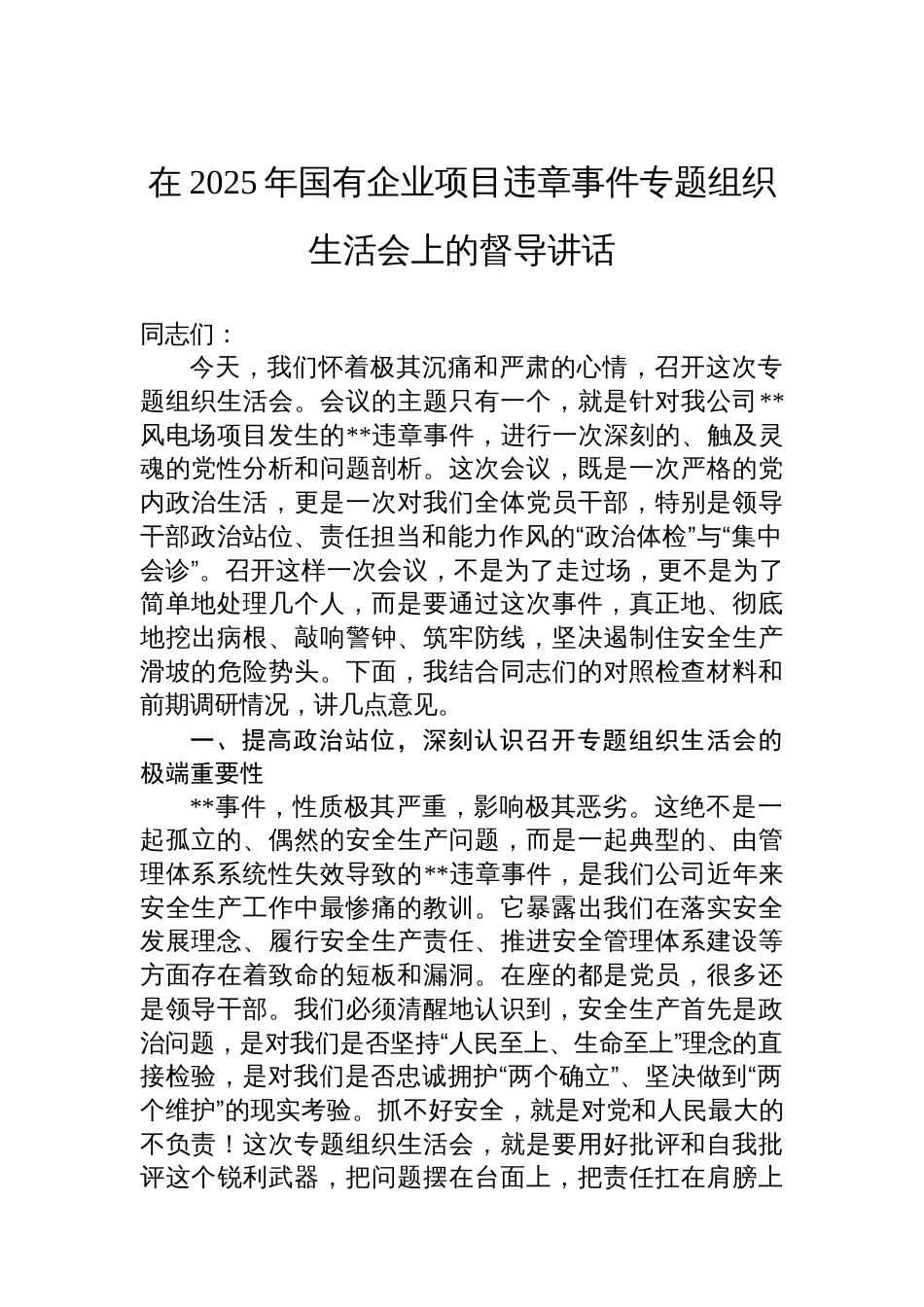 在2025年国有企业项目违章事件专题组织生活会上的督导讲话_第1页