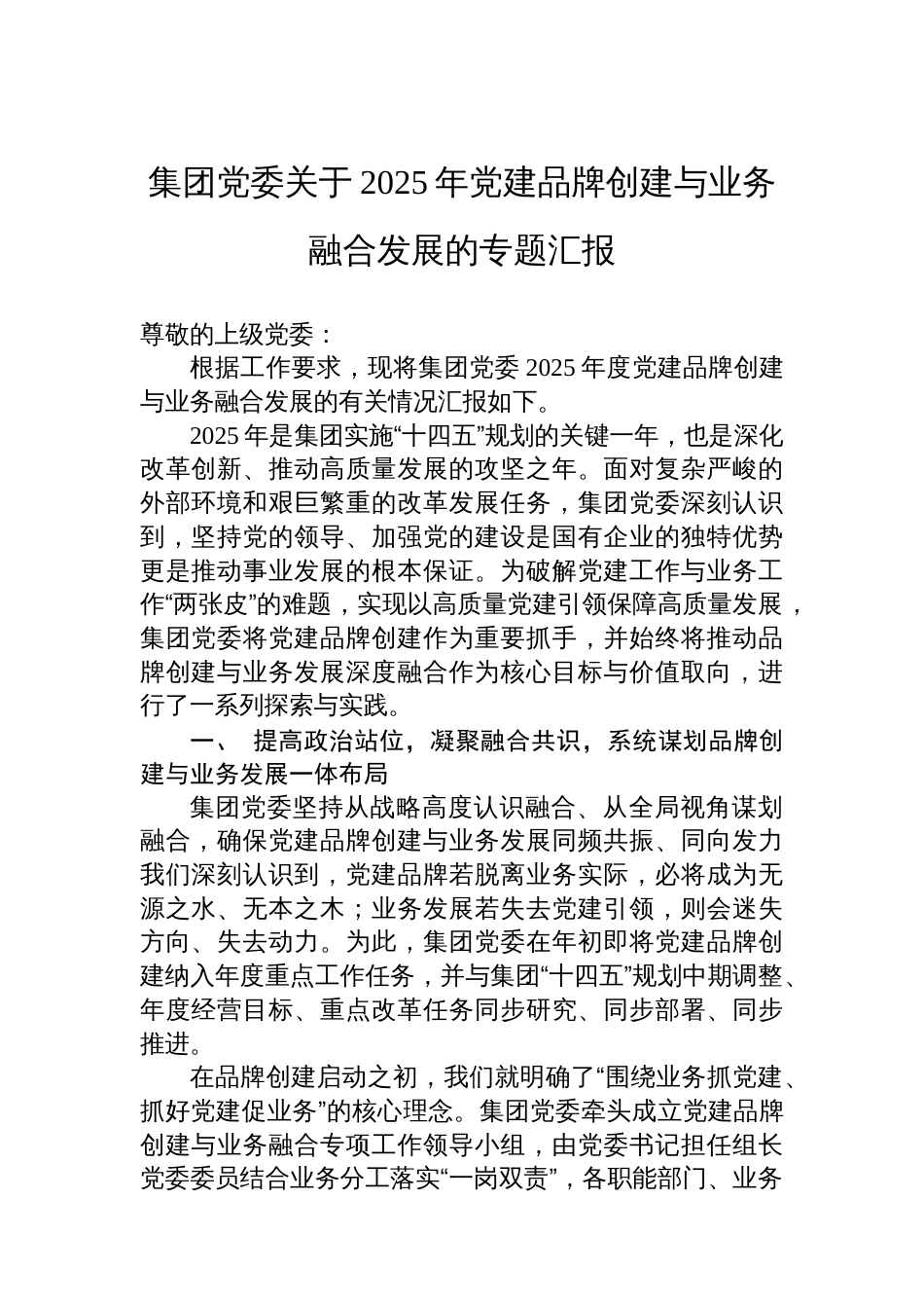 集团党委关于2025年党建品牌创建与业务融合发展的专题汇报_第1页