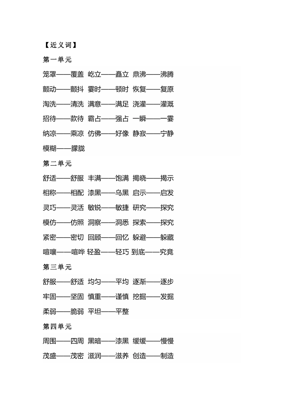 小学语文4年级上册全册近义词+反义词_第1页