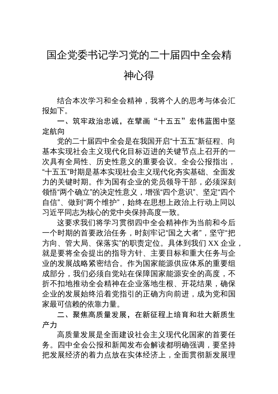 国企党委书记学习党的二十届四中全会精神心得_第1页