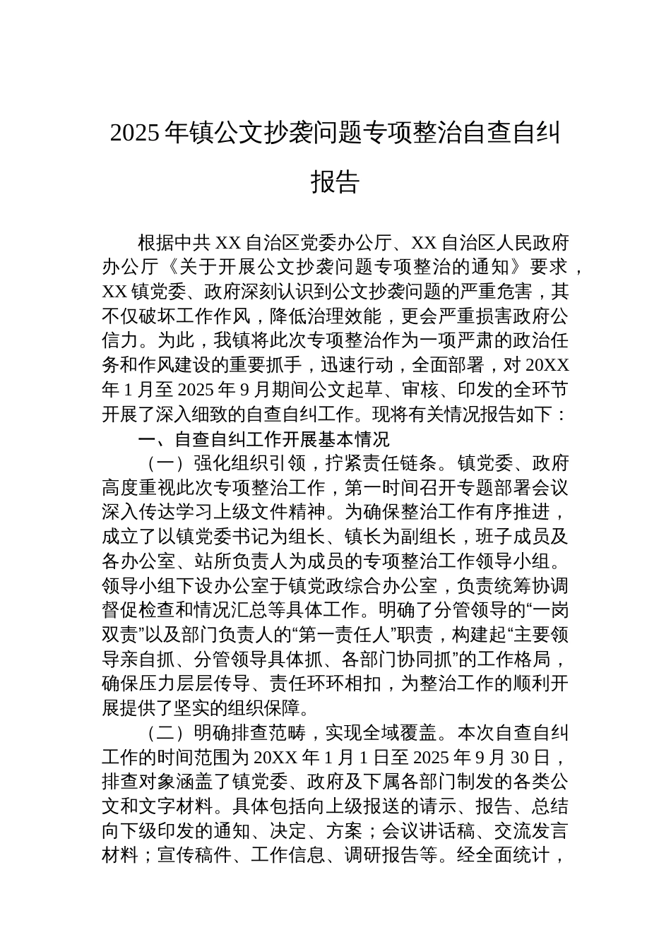 2025年镇公文抄袭问题专项整治自查自纠报告_第1页