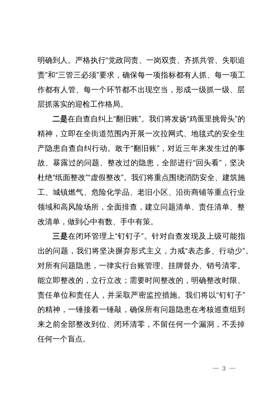 关于做好安全生产考核迎检与治本攻坚工作的表态发言_第3页