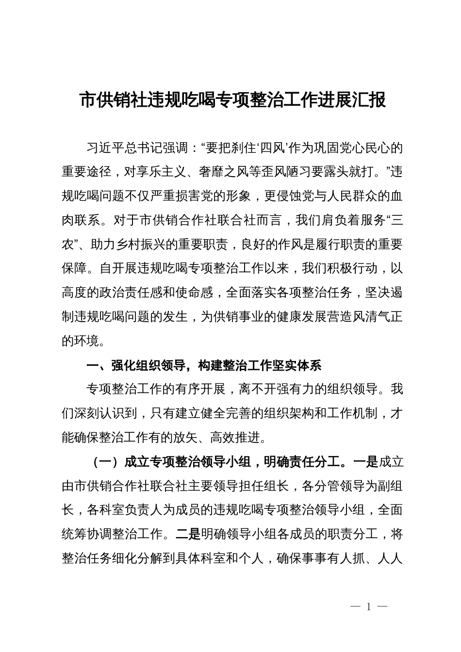 市供销社违规吃喝专项整治工作进展汇报_第1页