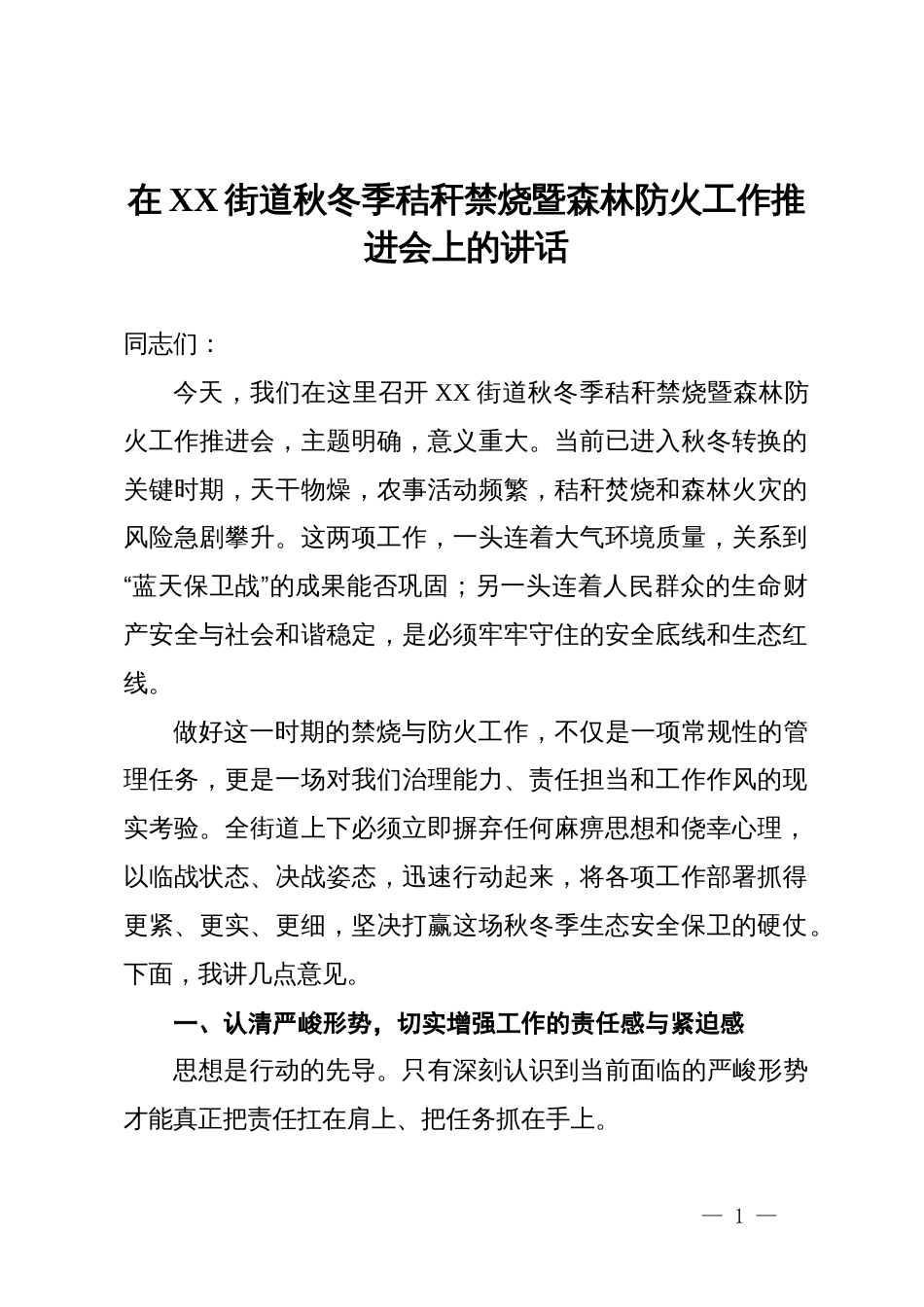 在2025年街道秋冬季秸秆禁烧暨森林防火工作推进会上的讲话_第1页