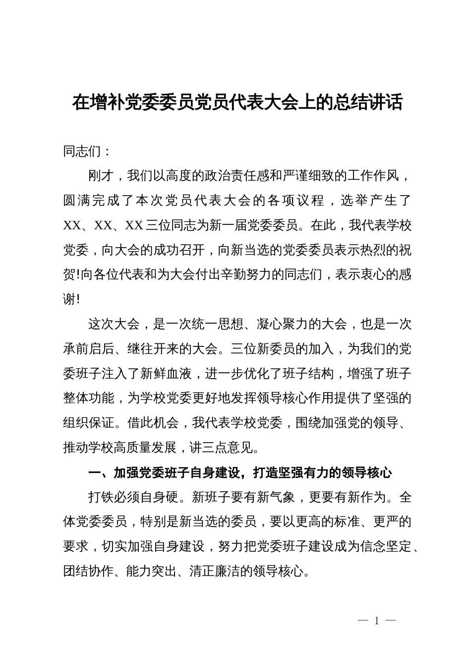 在增补党委委员党员代表大会上的总结讲话_第1页