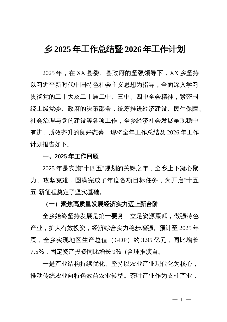 乡2025年工作总结暨2026年工作计划_第1页