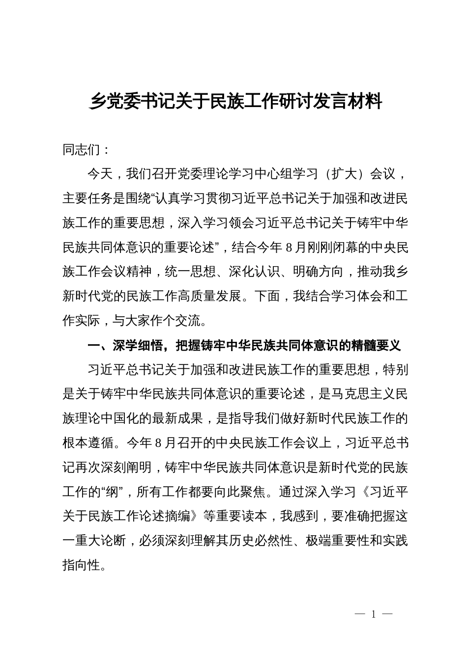 乡党委书记关于民族工作研讨发言材料_第1页