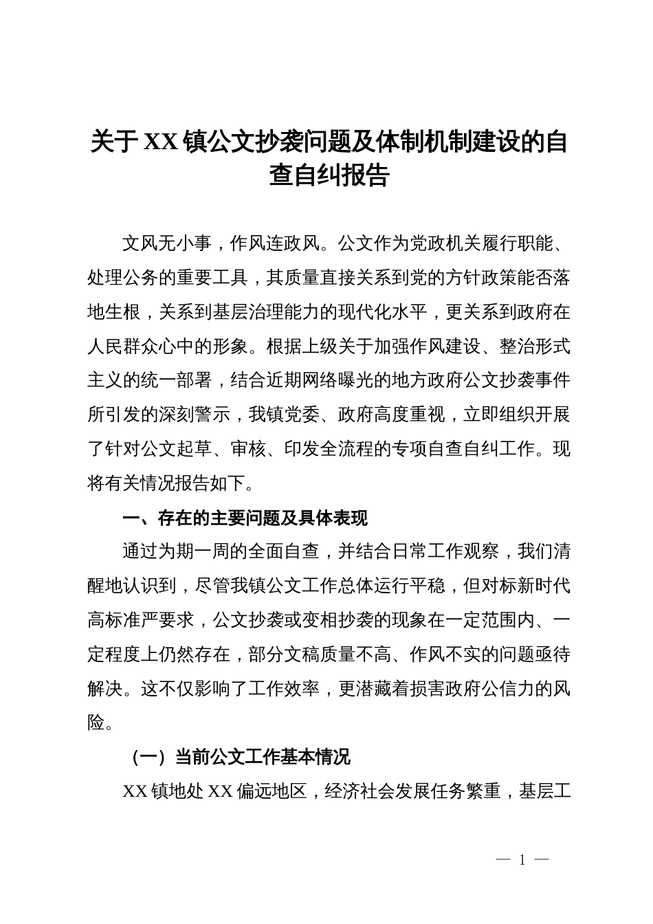 关于某镇公文抄袭问题及体制机制建设的自查自纠报告_第1页