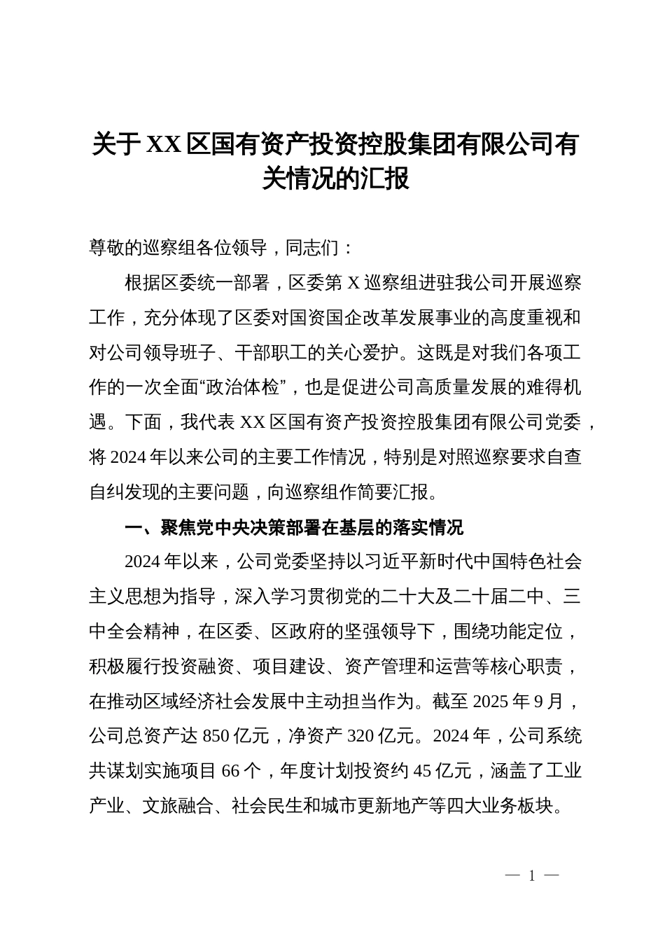 关于XX区国有资产投资控股集团有限公司有关情况的汇报_第1页