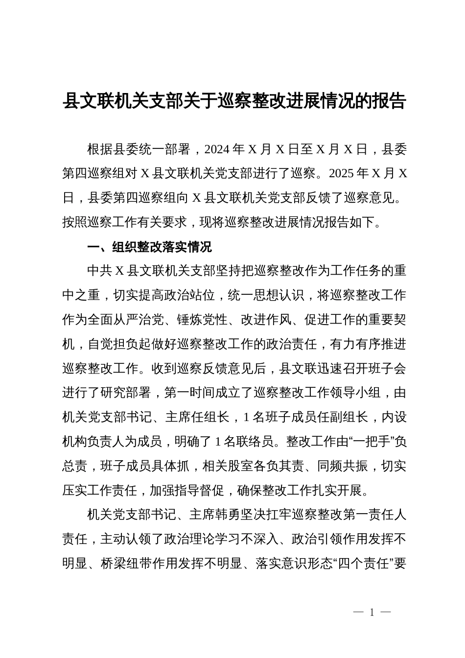 县文联机关支部关于巡察整改进展情况的报告_第1页