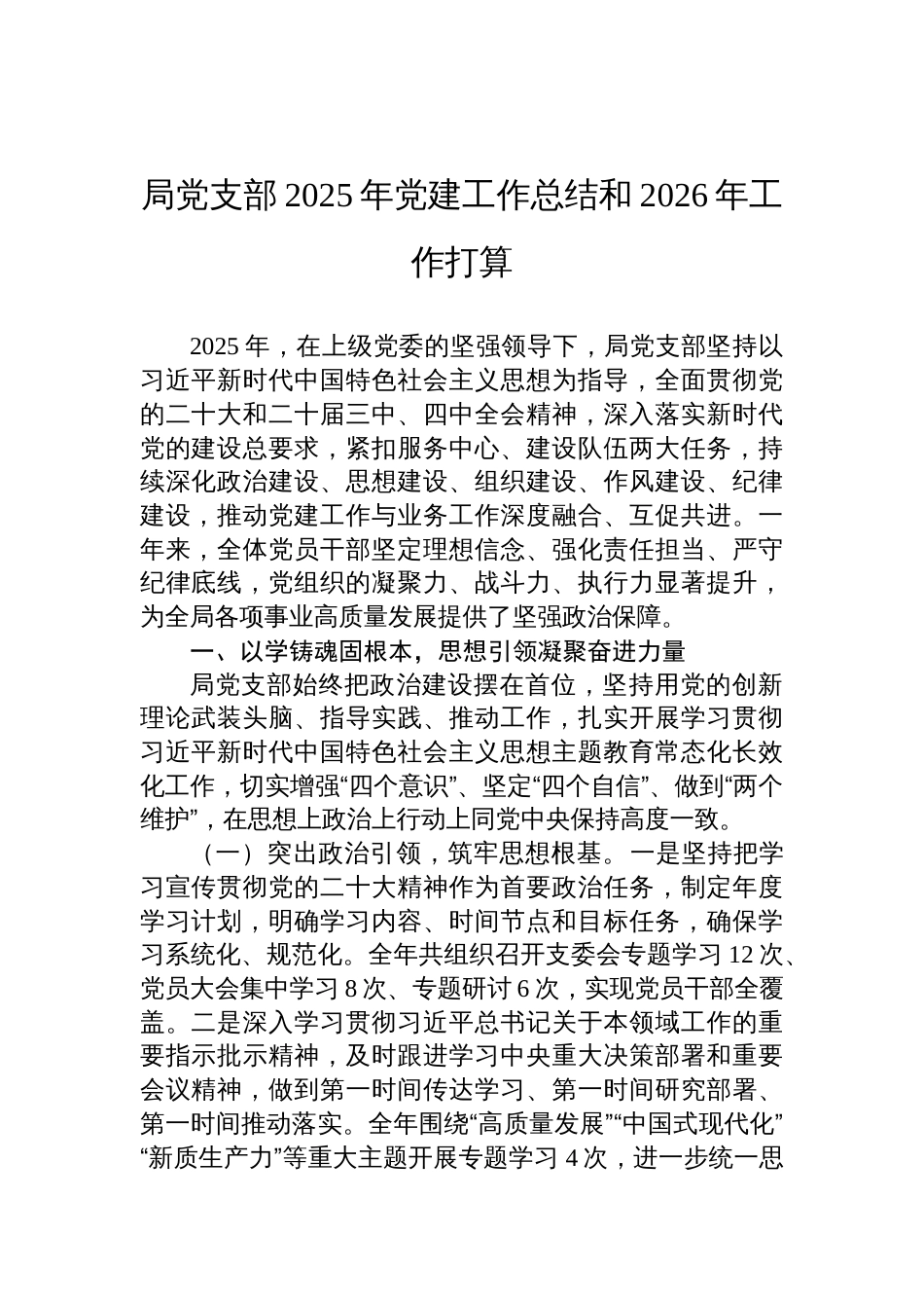 局党支部2025年党建工作总结和2026年工作打算材料_第1页