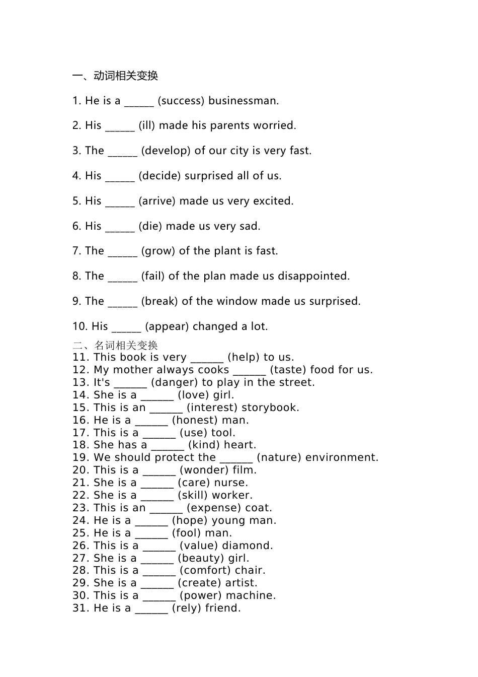 初中英语词性变换100题(按词性分类)_第1页