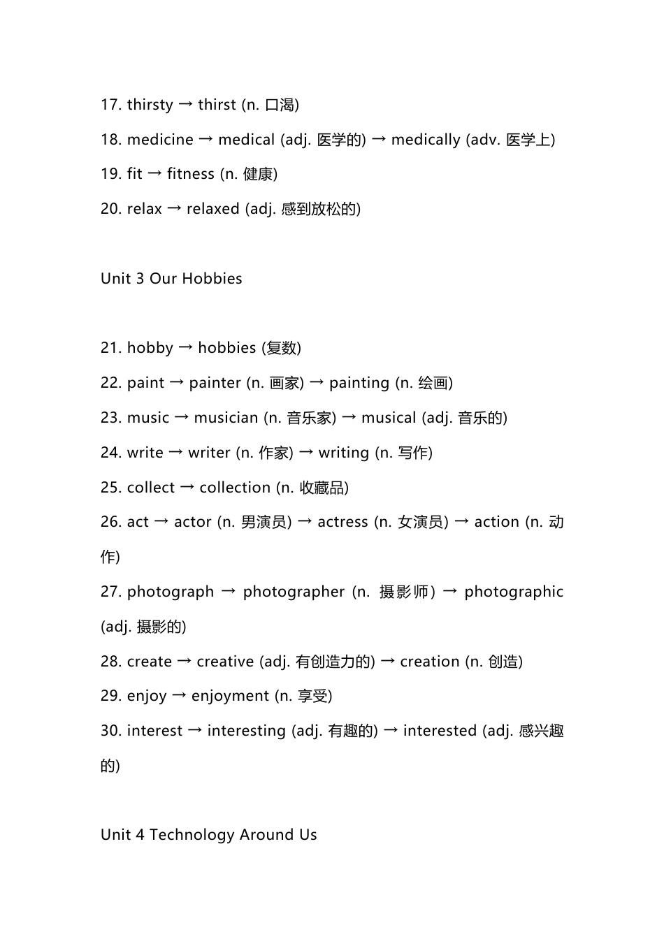 人教版八年级上册Unit1-8各单元英语词性转换默写(附答案)_第2页
