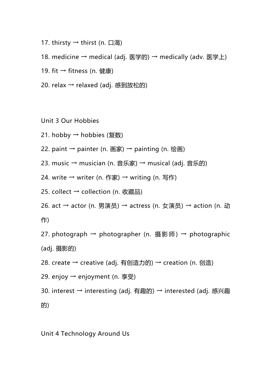 新人教版八年级上册Unit1-8各单元英语词性转换默写(附答案)_第2页