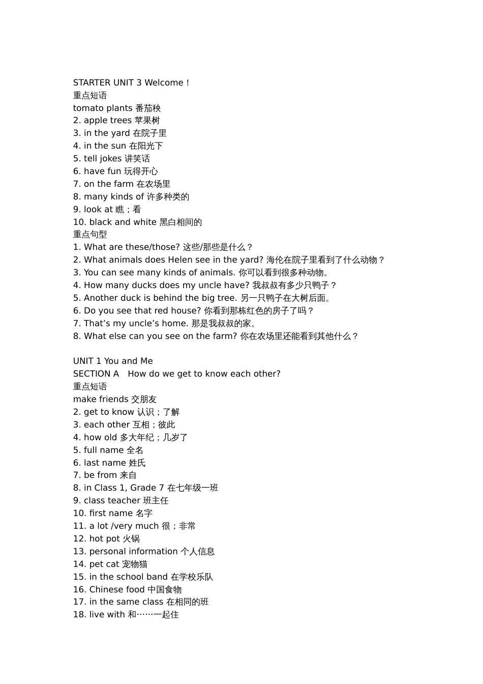 新人教版七年级(上册) 重点英语短语句型归纳_第2页