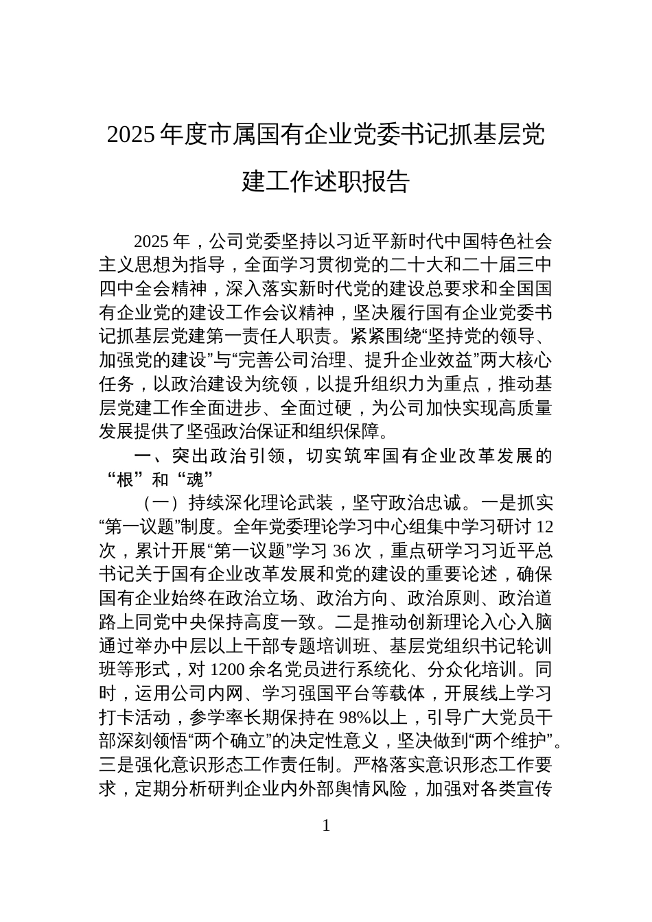 2025年度市属国有企业党委书记抓基层党建工作述职报告_第1页