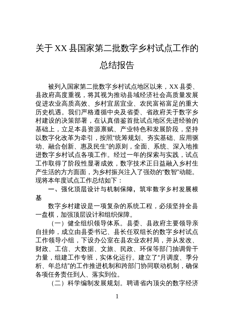 关于XX县国家第二批数字乡村试点工作的总结报告_第1页