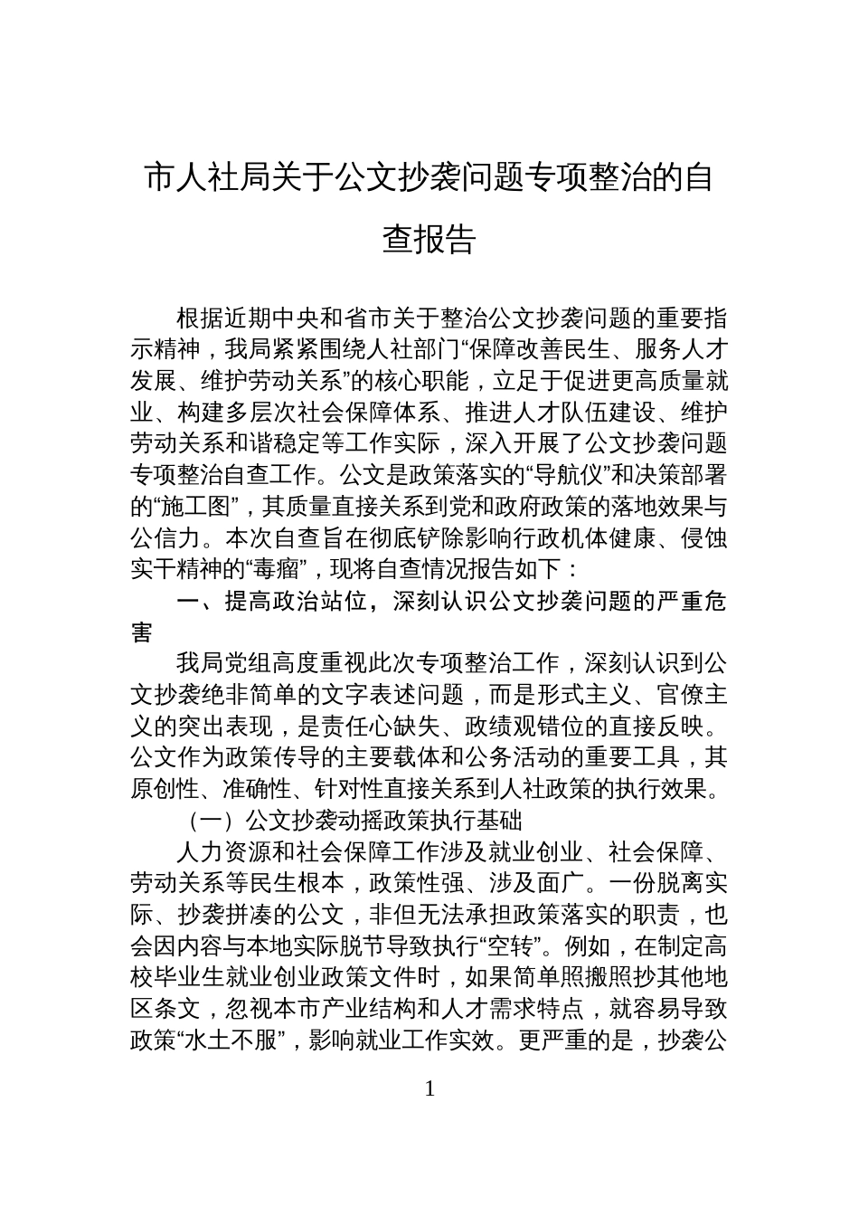 市人社局关于公文抄袭问题专项整治的自查报告_第1页
