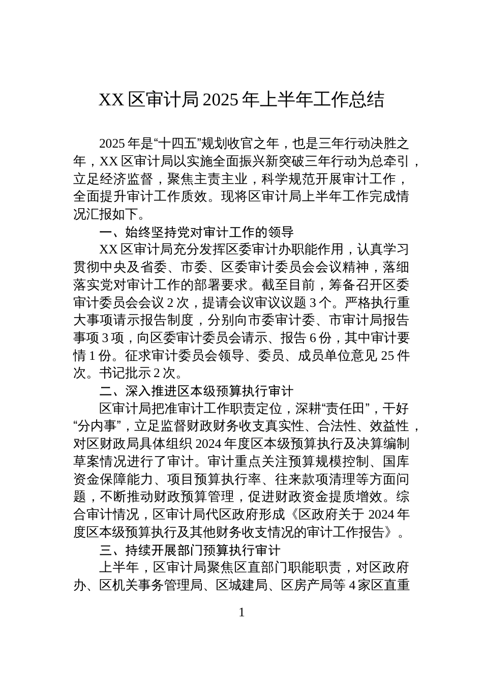 XX区审计局2025年上半年工作总结_第1页