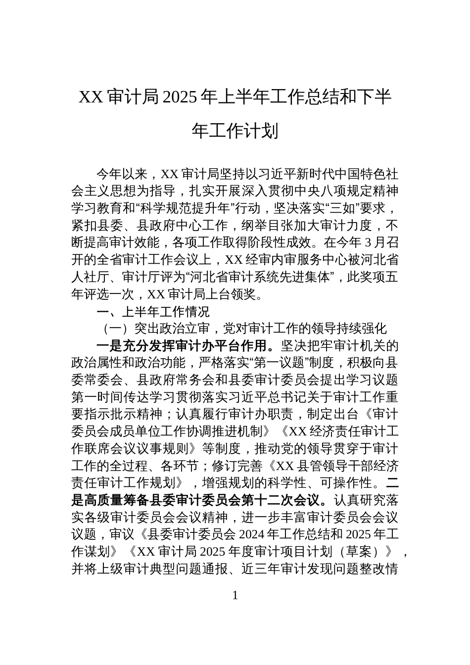 XX审计局2025年上半年工作总结和下半年工作计划_第1页