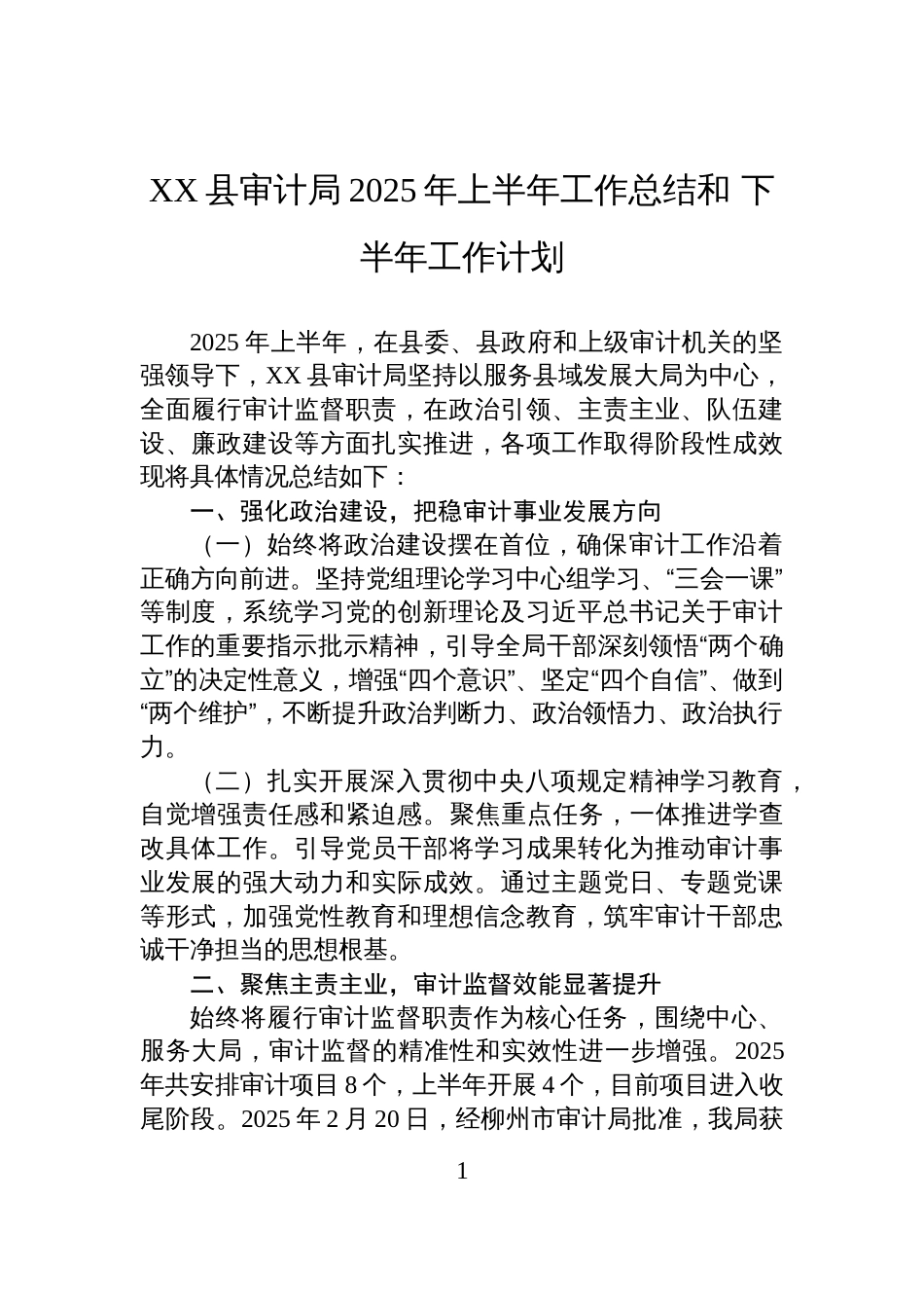 XX县审计局2025年上半年工作总结和+下半年工作计划_第1页