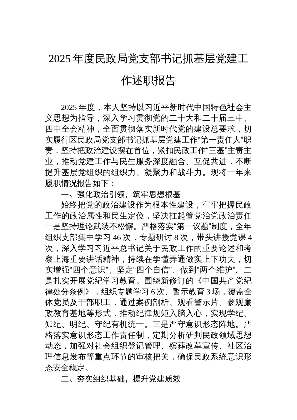 2025年度民政局党支部书记抓基层党建工作述职报告_第1页