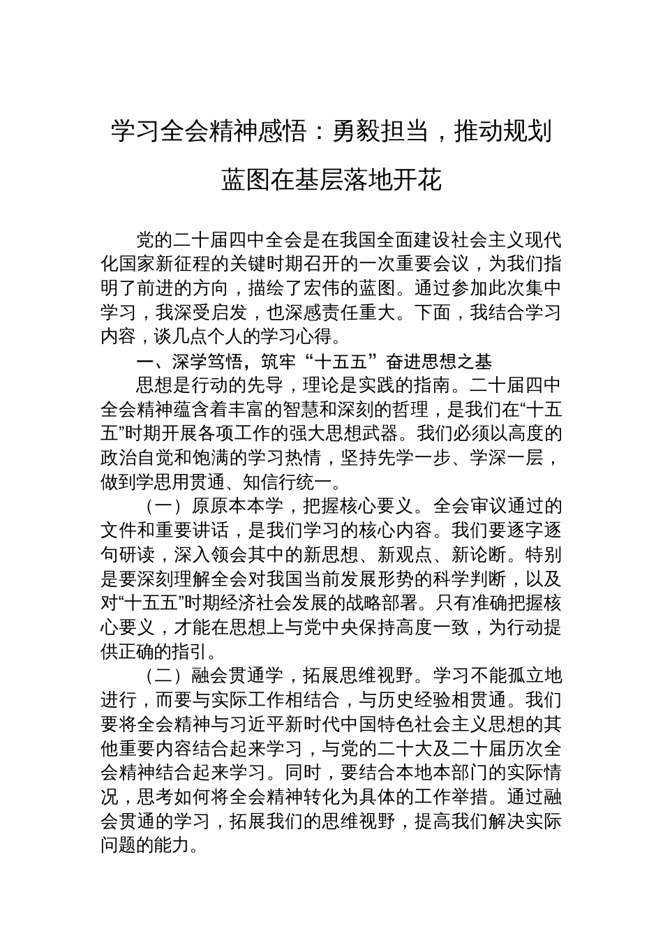 学习全会精神感悟:勇毅担当,推动规划蓝图在基层落地开花_第1页