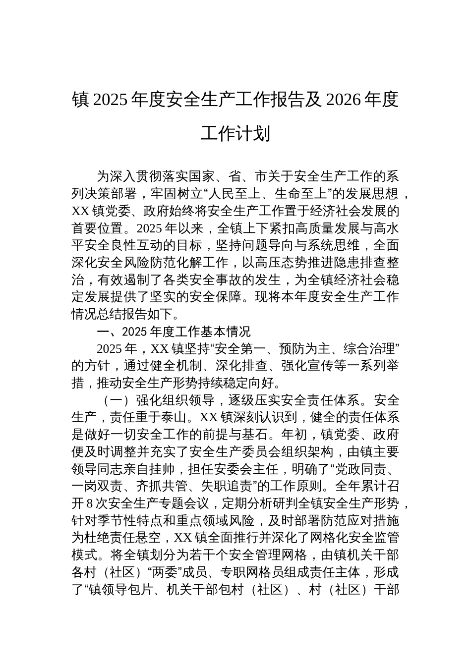 镇2025年度安全生产工作报告及2026年度工作计划参考_第1页