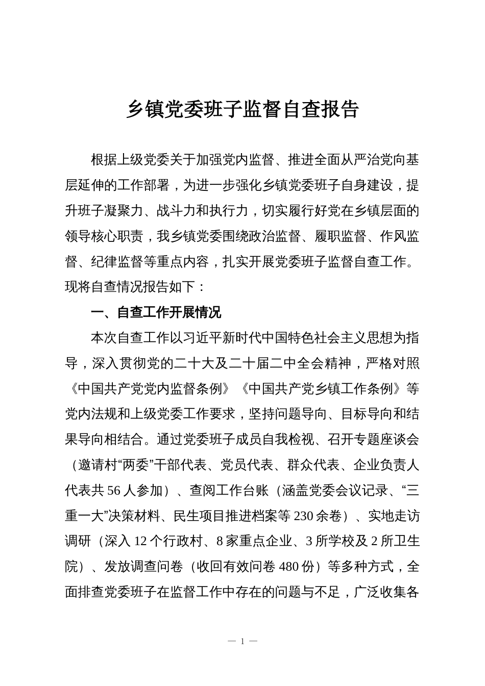 乡镇党委班子监督自查报告_第1页