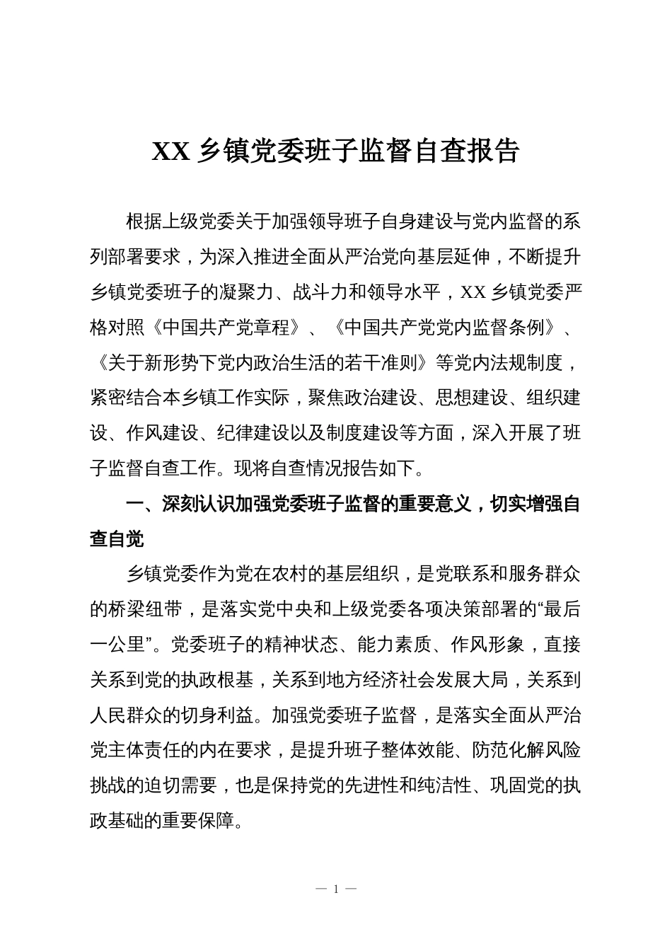 XX乡镇党委班子监督自查报告_第1页