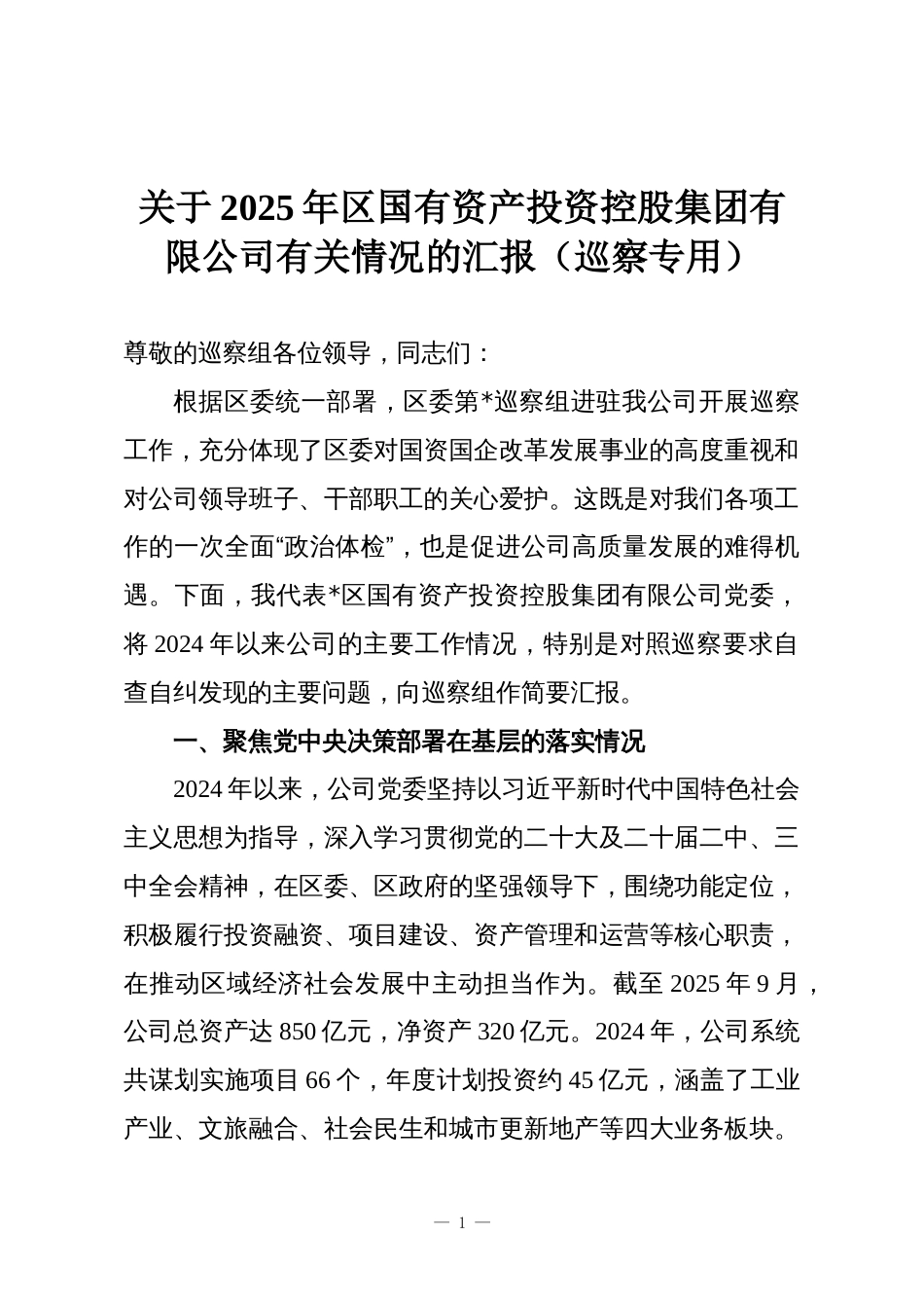 关于2025年区国有资产投资控股集团有限公司有关情况的汇报(巡察专用)_第1页