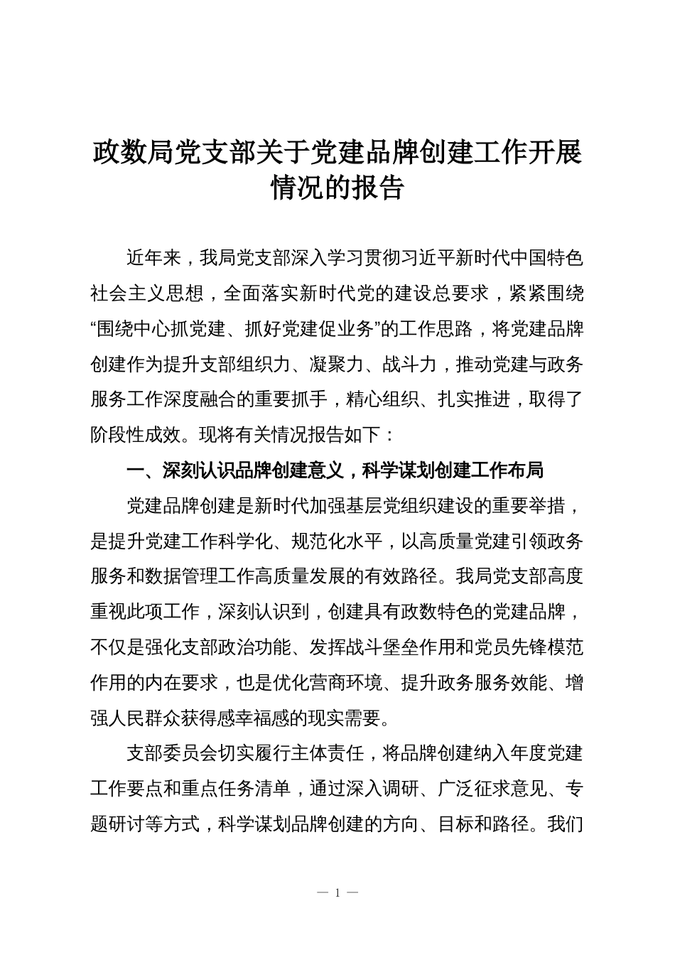 政数局党支部关于党建品牌创建工作开展情况的报告_第1页