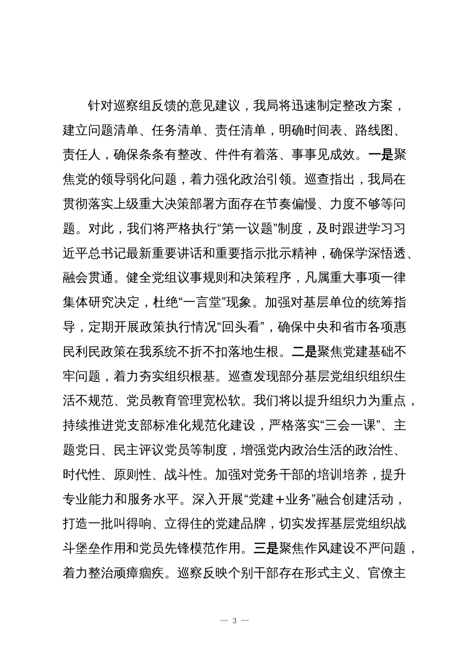 局长在2025年巡查整改工作情况反馈会上的表态发言_第3页